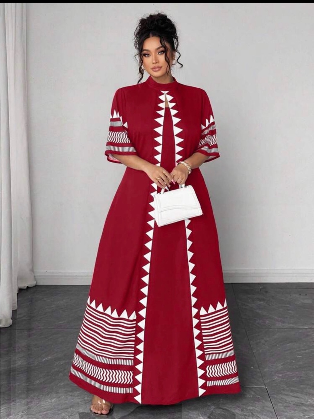 SHEIN Red Maxi Dress with White Geometric Trim